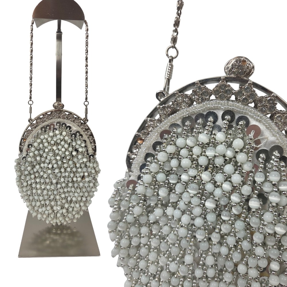Elegant White Beaded Evening Bag with Silver Frame